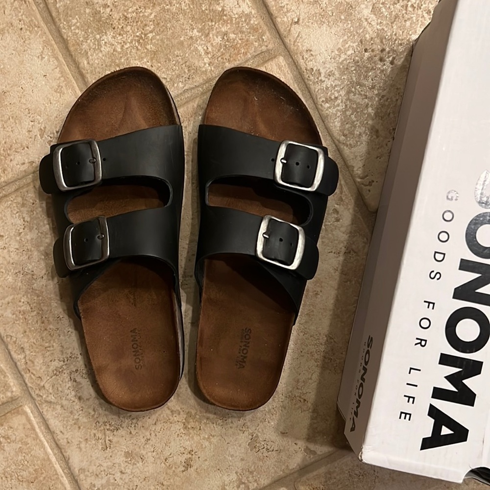 7.5 new with box black leather sandals Sonoma